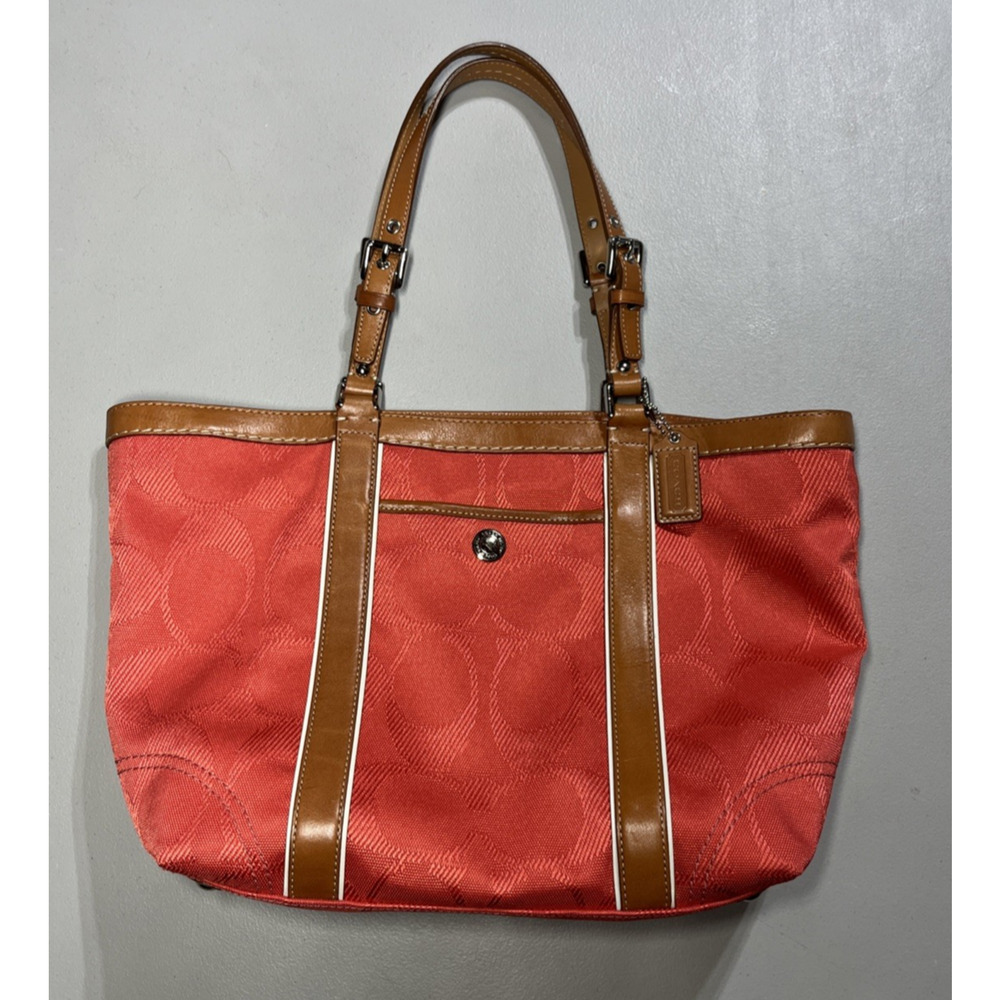 Coach Signature Gallery Tote Bag Coral & Brown Leather Trim Zip Travel F13560